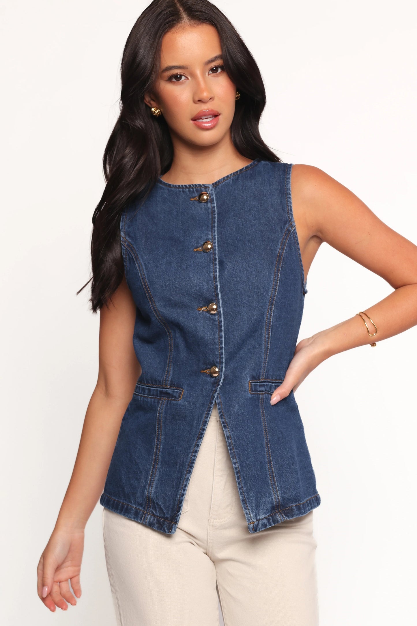 Denim Sleeveless Button-Front Vest