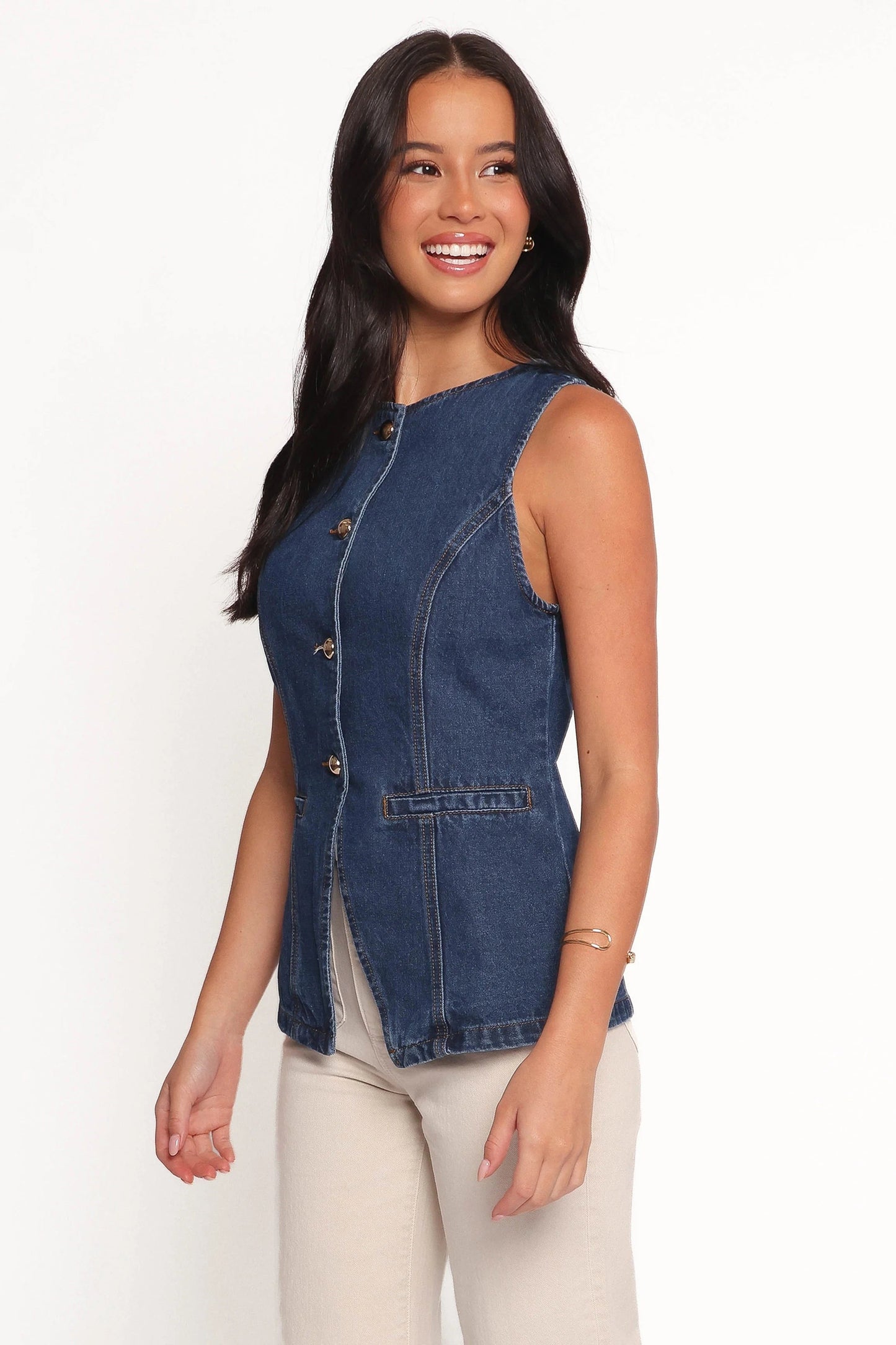 Denim Sleeveless Button-Front Vest