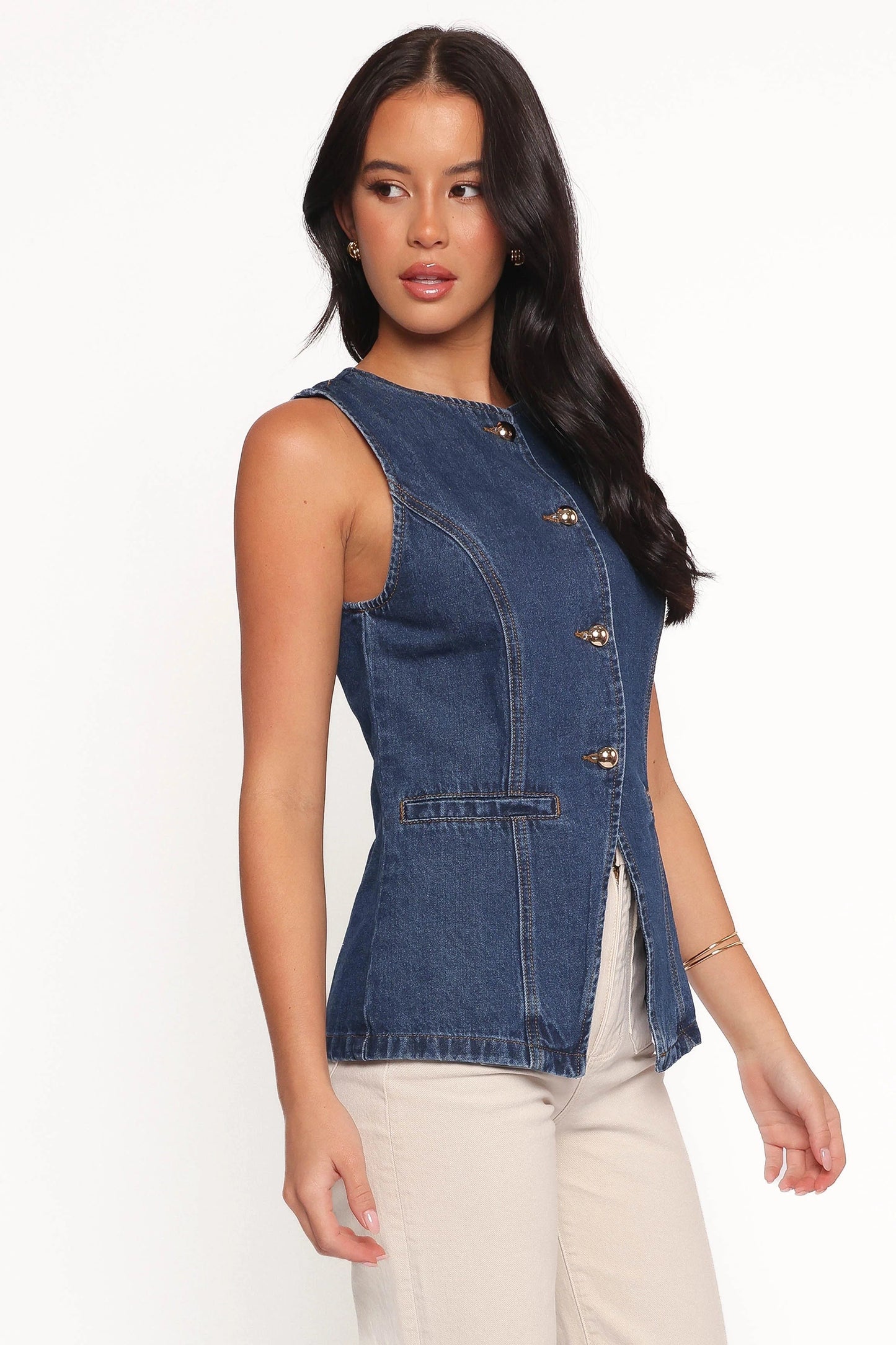 Denim Sleeveless Button-Front Vest