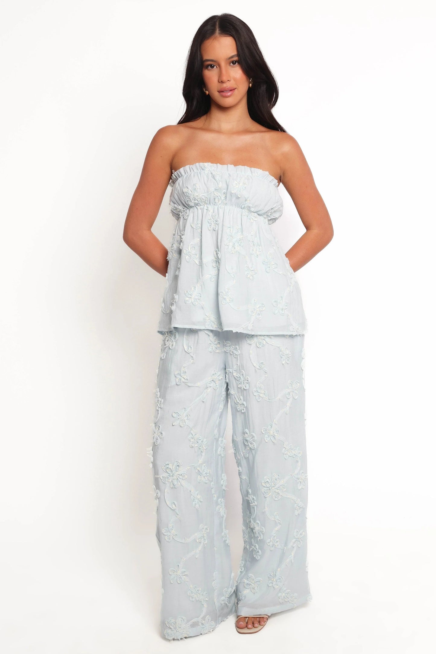High-Waist White Floral Wide-Leg Pants