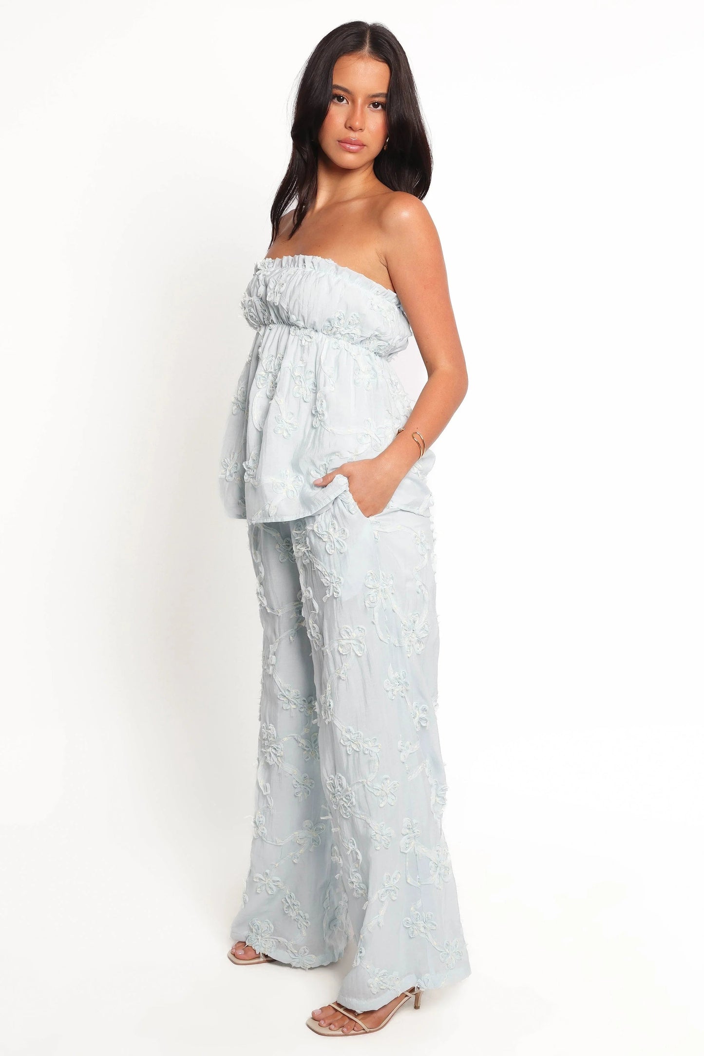 High-Waist White Floral Wide-Leg Pants