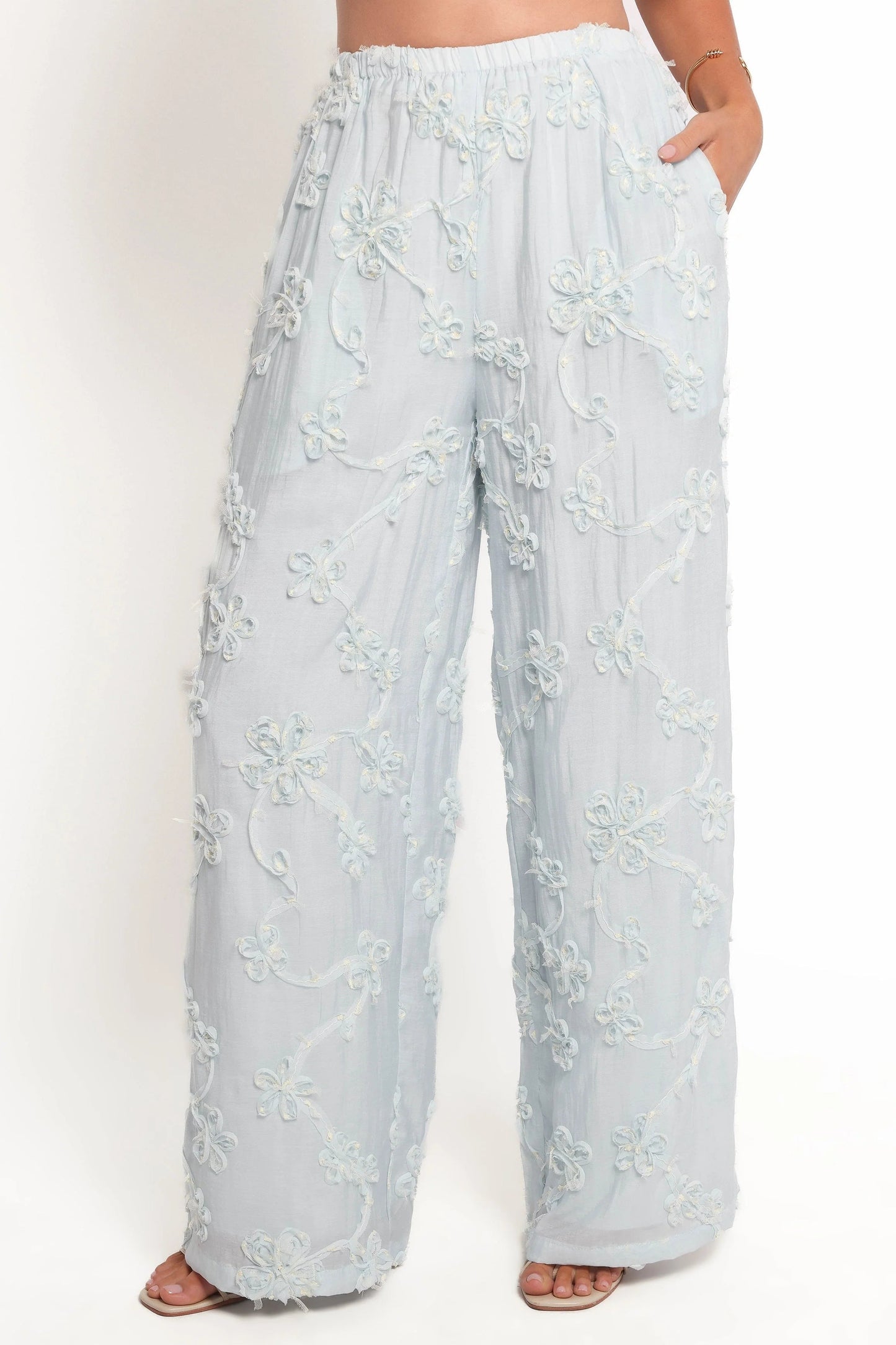 High-Waist White Floral Wide-Leg Pants