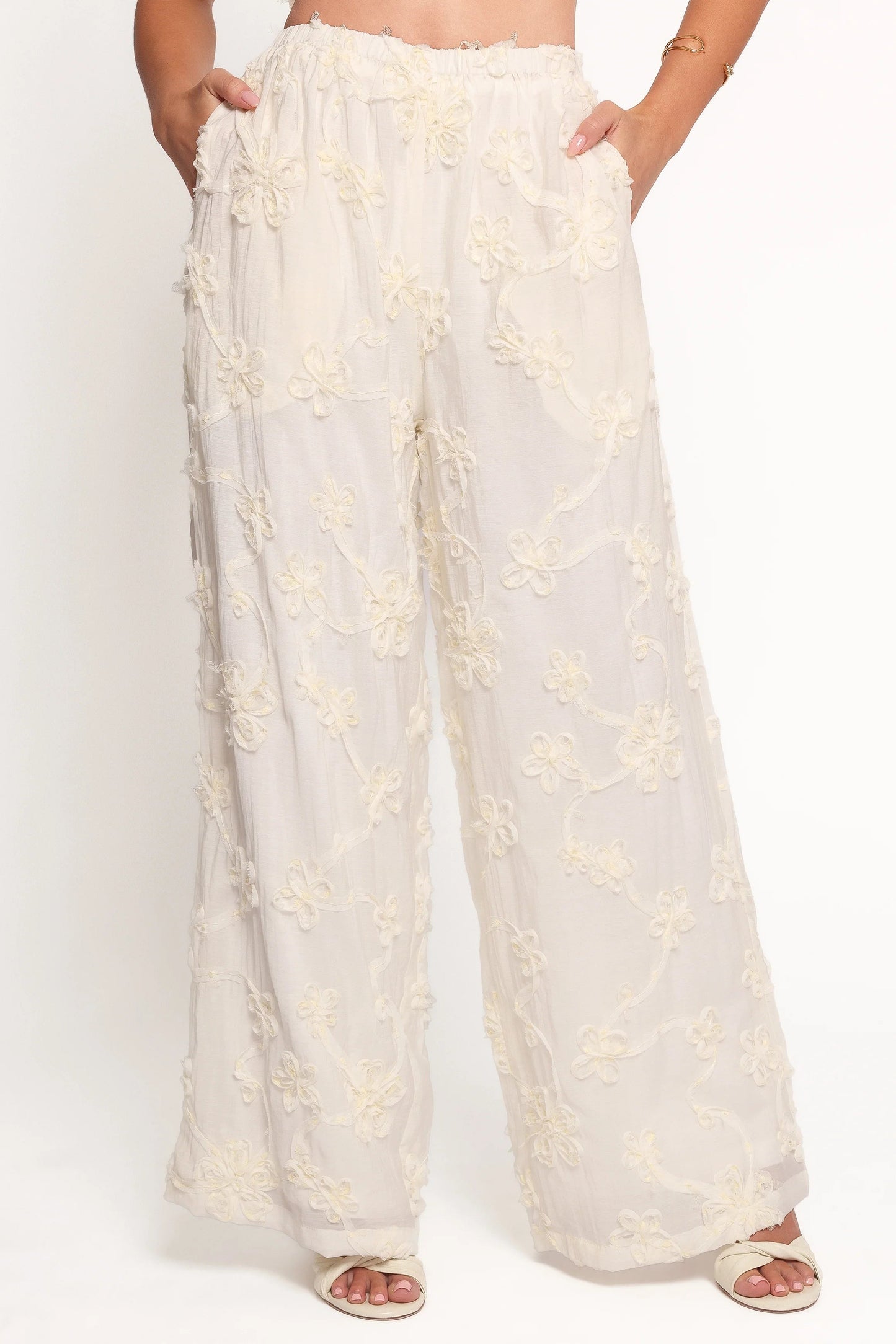 High-Waist White Floral Wide-Leg Pants