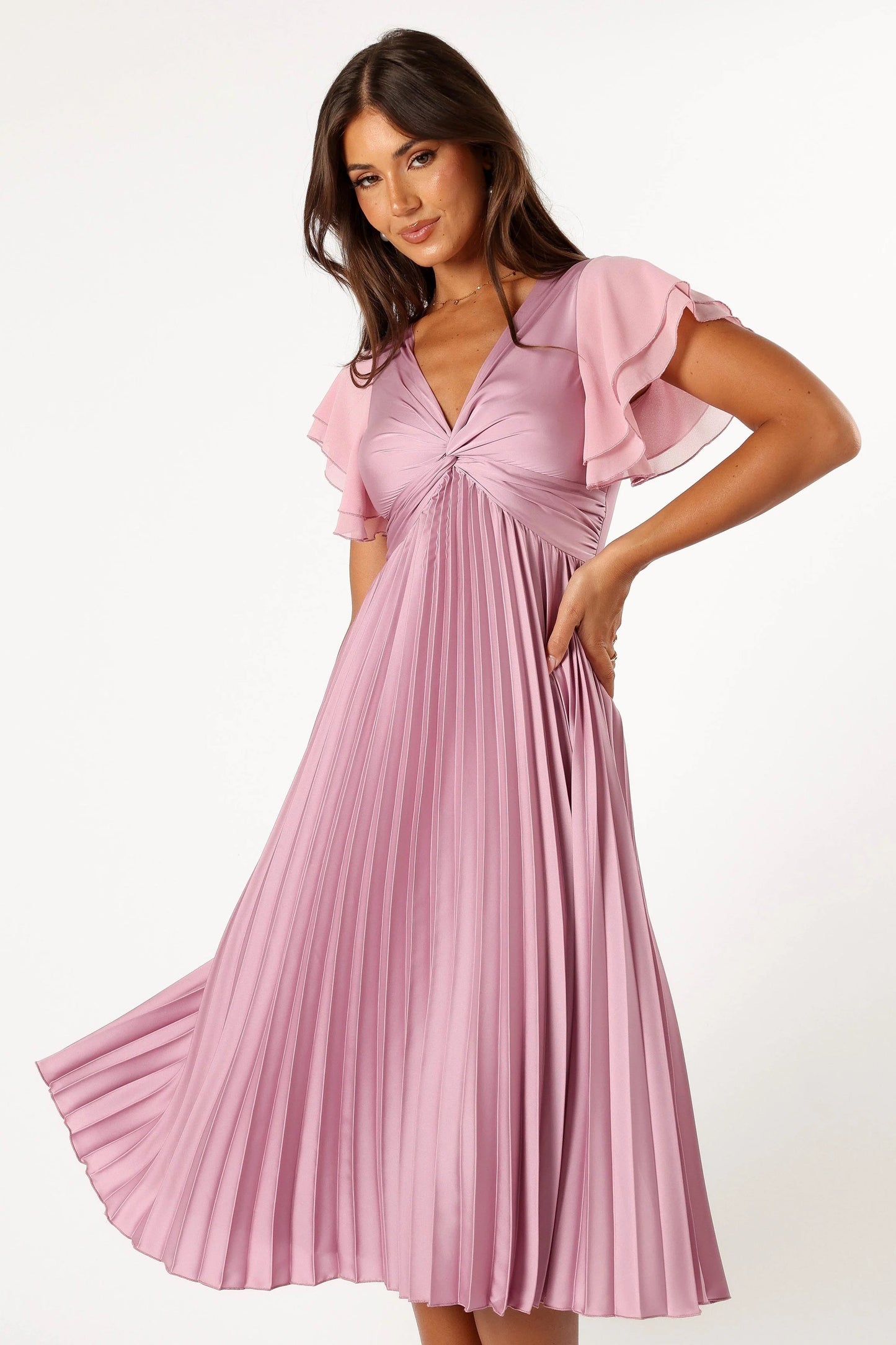Tiered Flutter-Sleeve Midi Dress