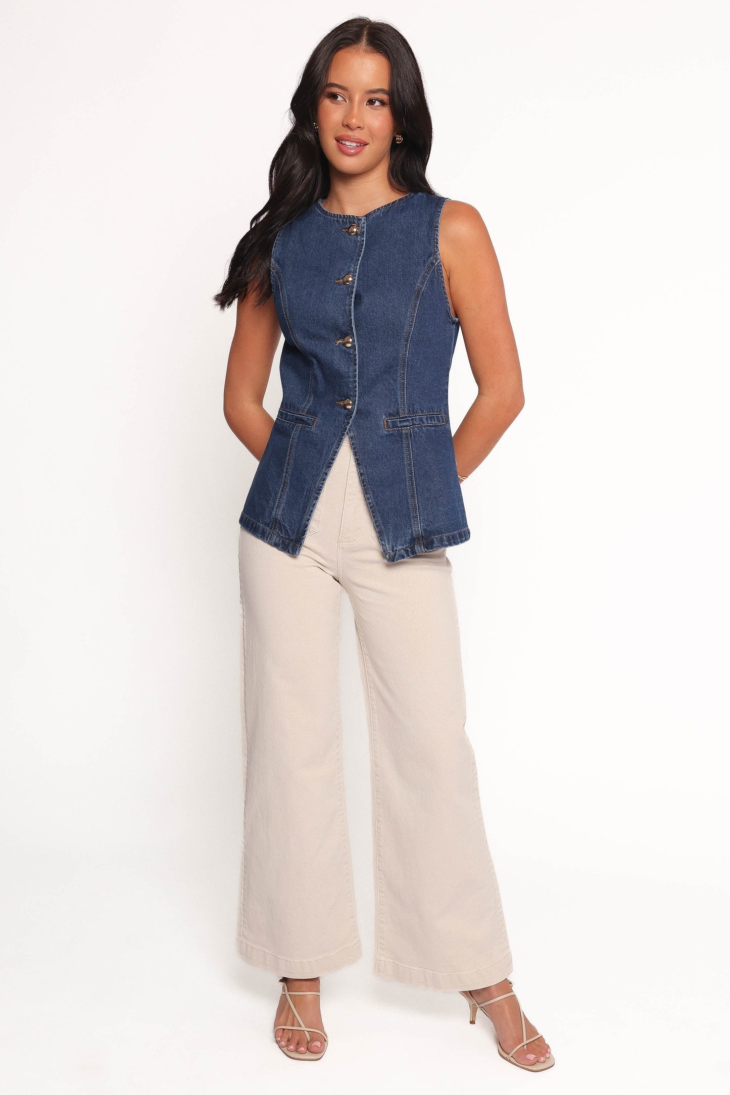 Denim Sleeveless Button-Front Vest