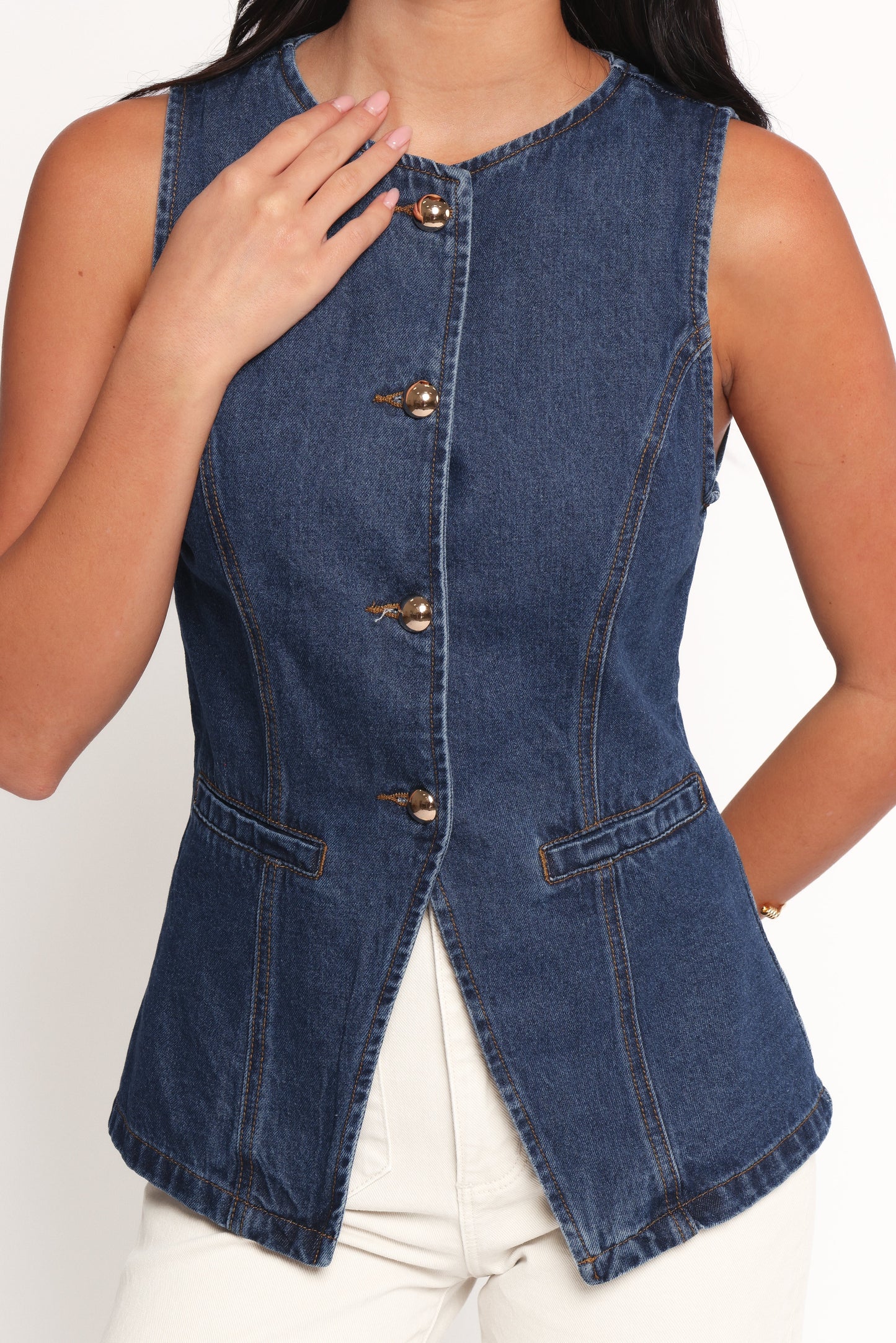 Denim Sleeveless Button-Front Vest