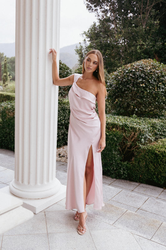 Draped One-Shoulder Ruffle Sleeve Midi Dress
