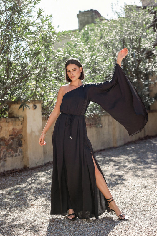Ruched Shoulder One-Shoulder Maxi Dress