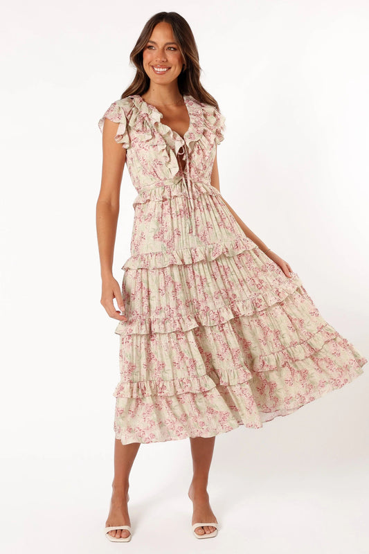 Ruffle-V Tiered Cut-Out Midi Dress