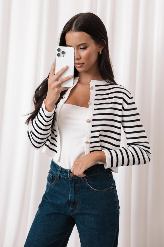 Striped Gold-Button Cropped Cardigan