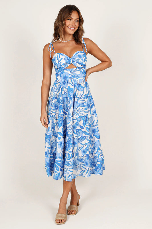 Twist-Knot Cut-Out Floral Midi Dress